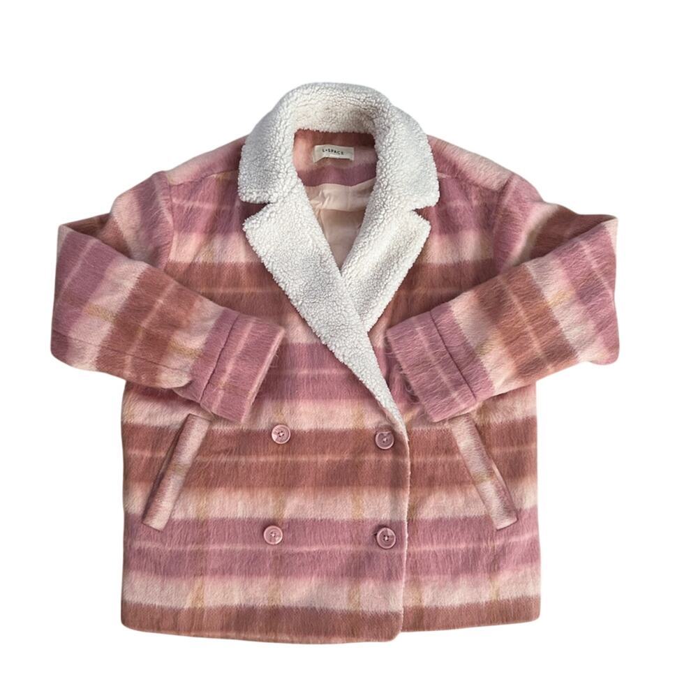 Pink & Brown Striped Pea Coat with Sherpa Collar L*SPACE $139 SIZE SMALL